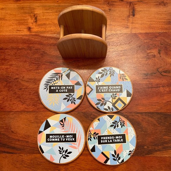 Coasters in French, Set of 4 Montreal-made wooden coasters with holder - Picture 4 of 7